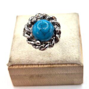 Silver-Tone Adjustable Turquoise Colored Stone Ring With Braided Design